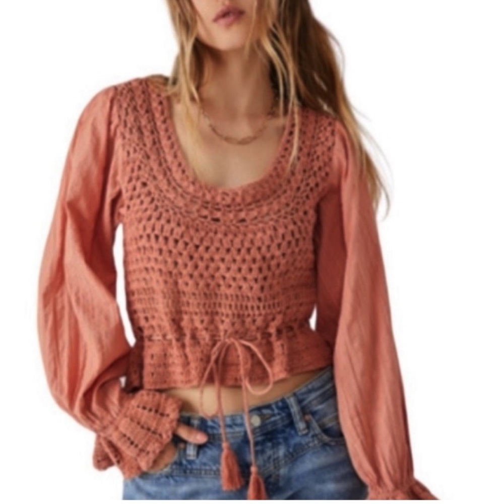 Free People Rust Crochet Scoop Neck Sweater